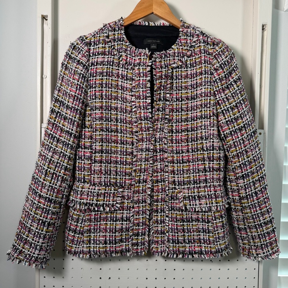 Ann Taylor Tweed Jacket Women's Multicolor Textured Fringe Trim Pockets - 2